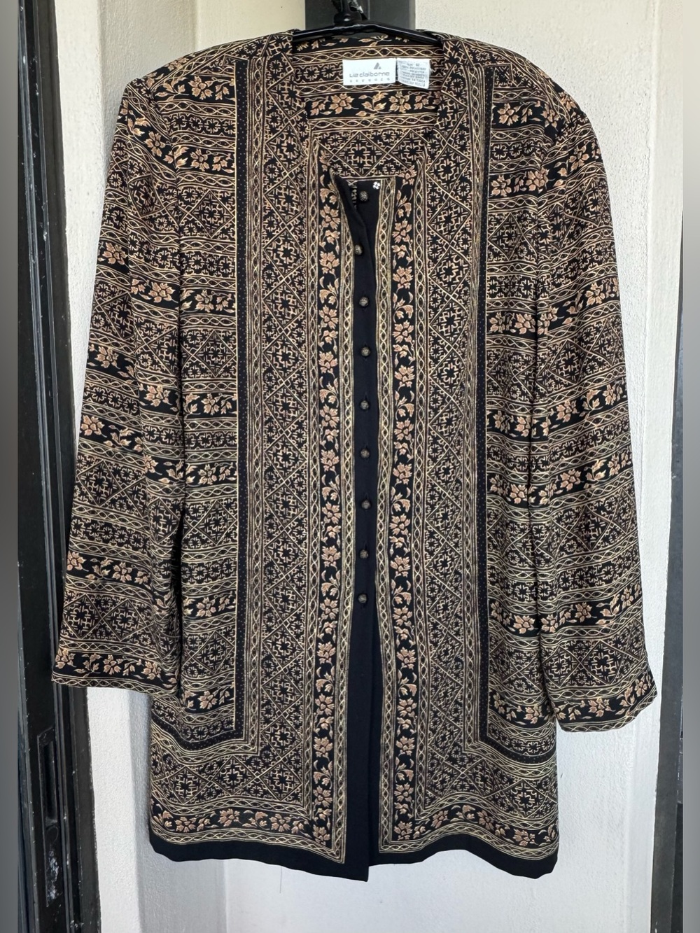 Vintage Liz Claiborne Dresses Black/Beige Geo/Floral  Button Up Long Sleeve 16